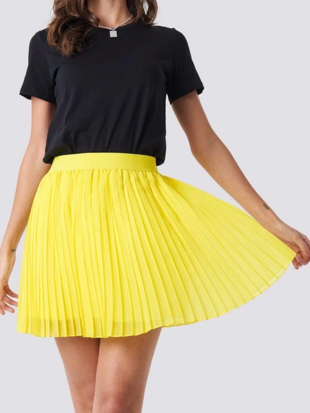 H&M Bright Yellow Chartreuse‎ Pleated Skater Mini Skirt